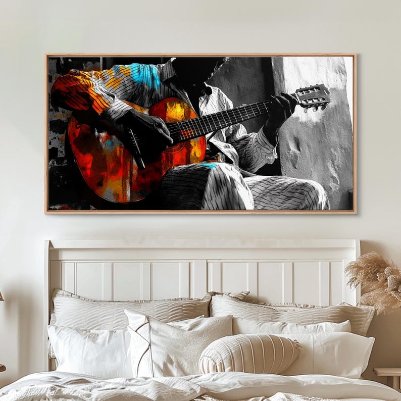 Guitarrista, música, expresión, momento musical melancólico capturado en esta impresión en lienzo enmarcada, arte bohemio para sala de música, arte de pared para estudio artístico imagen 3