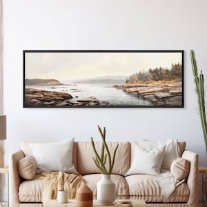 Watercolor Panoramic Acadia National Park Horizontal Framed Canvas Print, Extra Large Art, Large Wall Art, Landscape Paintin