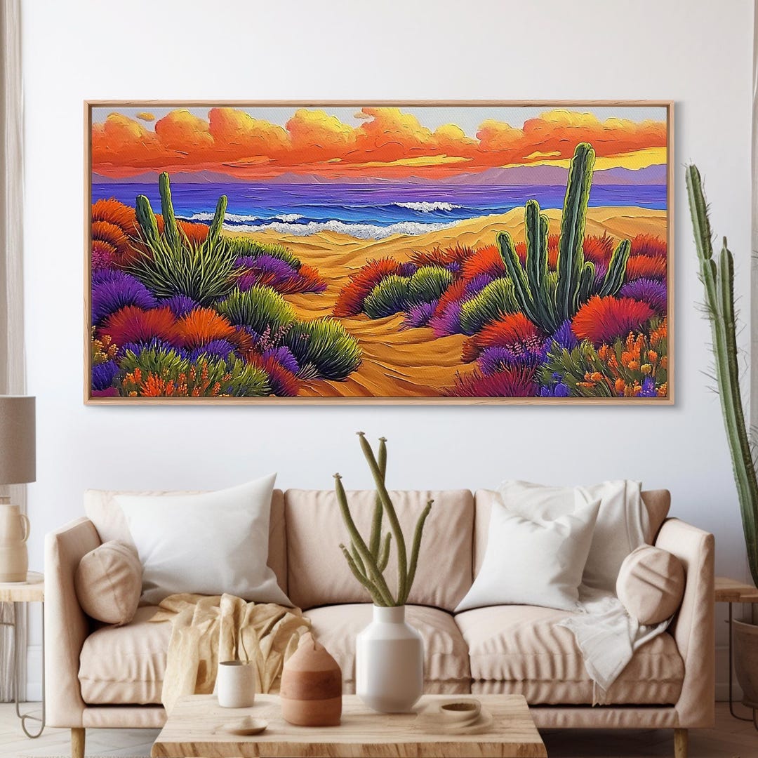 Cactus Sunset Framed Canvas Print: Vibrant Desert Landscape, Boho