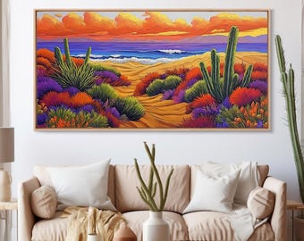 Cactus Sunset Framed Canvas Print: Vibrant Desert Landscape, Boho