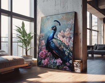 Peacock Floral Canvas Print: Chinoiserie Botanical Bird Wall Decor