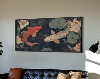 Wabi Sabi Koi Fish Painting Print, Japanese Style Artwork, Elegant Wall Art, Living Room or Bedroom Wall Art, Ready To Hang Canvas