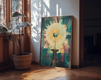 Corpus Christi Benediction with Monstrance Framed Canvas Print - Glorious Geometric Christian Wall Art Large Eucharistic Adoration Scene Pe