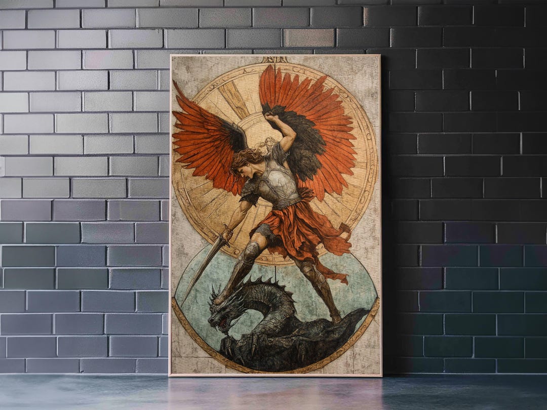 Saint Michael Defeating the Dragon Framed Canvas Print - Bold Art Deco ...
