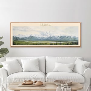Denali National Park Panoramic Alaska Travel Art, National Park Print, Minimalist Travel Art, Subdued Watercolor Painting Panoramic