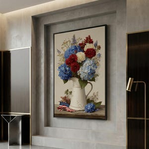Vintage Milk Pitcher with Hydrangeas and Flag, Framed Canvas Print, July 4th Wall Art, Patriotic Wall Decor, Office Wall Art, 0403