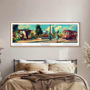 Tulsa Oklahoma Panoramic Painting, Mid Century Modern Framed Canvas Print, Retro Pop Art Travel Poster, Wall Decor, Gift Idea