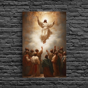 May include: A religious painting depicts a figure in white robes ascending into a bright light, arms outstretched. Below, a group of figures in various robes look upward. The artwork is set against a backdrop of clouds.