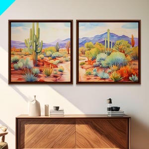 Two Piece Art, Southwestern Desert Landscape Print, Floral Print, Framed Canvas Art, Vibrant Cactus Desert Art, Mid-Century Modern