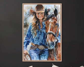 Cowgirl and Horse Framed Canvas Print: Western Rustic Wall Art