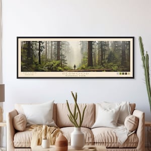 Redwood National Park Panoramic California Travel Art, National Park Print, Minimalist Travel Art, Subdued Watercolor Painting Panoramic