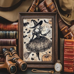Witchy Decor Halloween Canvas Print, Cottagecore Witch painting Print, Wood Framed Wall Art, Vintage Halloween painting Print NUEVART