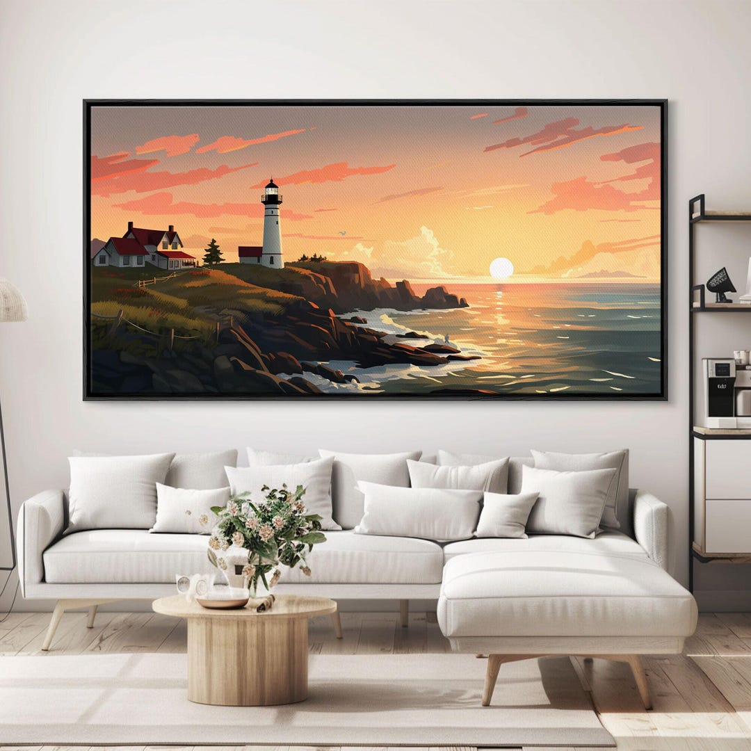 Lighthouse Sunset Canvas Art: Coastal Panoramic Wall Print - Etsy