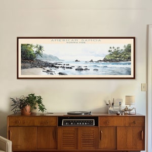 American Samoa National Park Panoramic Vatia Travel Art, National Park Print, Minimalist Travel Art, Subdued Watercolor Painting Panoramic
