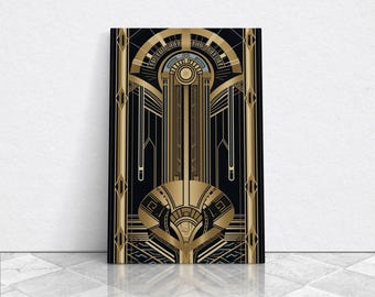 Art Deco Framed Canvas Print: Gold & Black Abstract Lines
