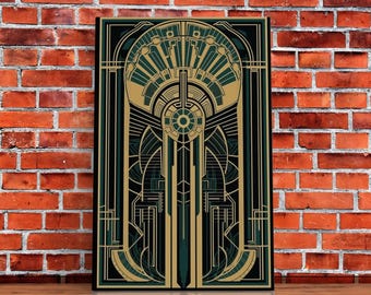 Art Deco Framed Canvas Print: Midcentury Modern Gold & Green Abstract Art