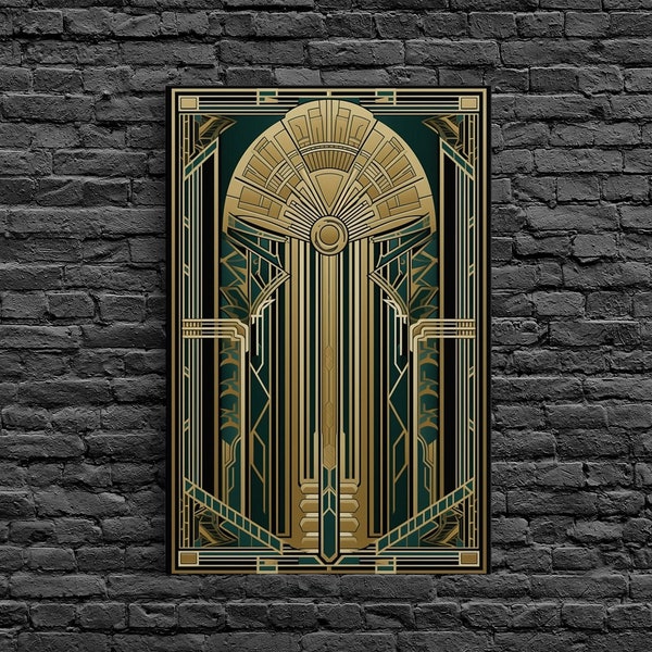 Art Deco Wall art | Framed Canvas Print | Art Deco | Gold & green art | Beautiful art | Midcentury Modern | Office decor | Stained glass art