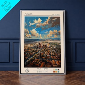 May include: A framed art print of Oxnard, California, featuring a cityscape under a vibrant blue sky with fluffy clouds. The print includes the text "OXNARD" and "CALIFORNIA" at the top, and "EST. 1903" with coordinates at the bottom. The frame is silver.