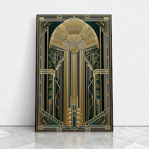 Art Deco Framed Canvas Print: Gold & Green Stained Glass Style