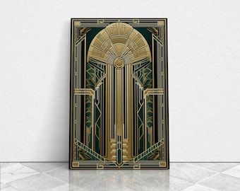 Art Deco Framed Canvas Print: Gold & Green Stained Glass Style