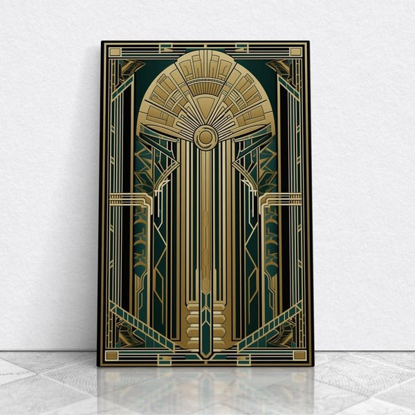 Art Deco Framed Canvas Print: Gold & Green Stained Glass Style