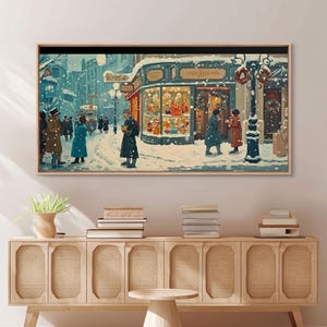 Vintage Christmas Street Framed Canvas Print, Victorian Christmas Decor, Winter Scene Art, Christmas Home Decor, Holiday Wall Art Gift