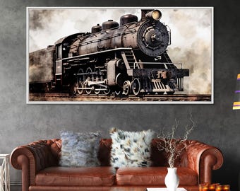 Black Steam Train Canvas Print: Retro Locomotive Wall Art