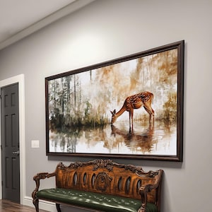Deer Drinking Water Framed Canvas Print: Cabin Wall Art