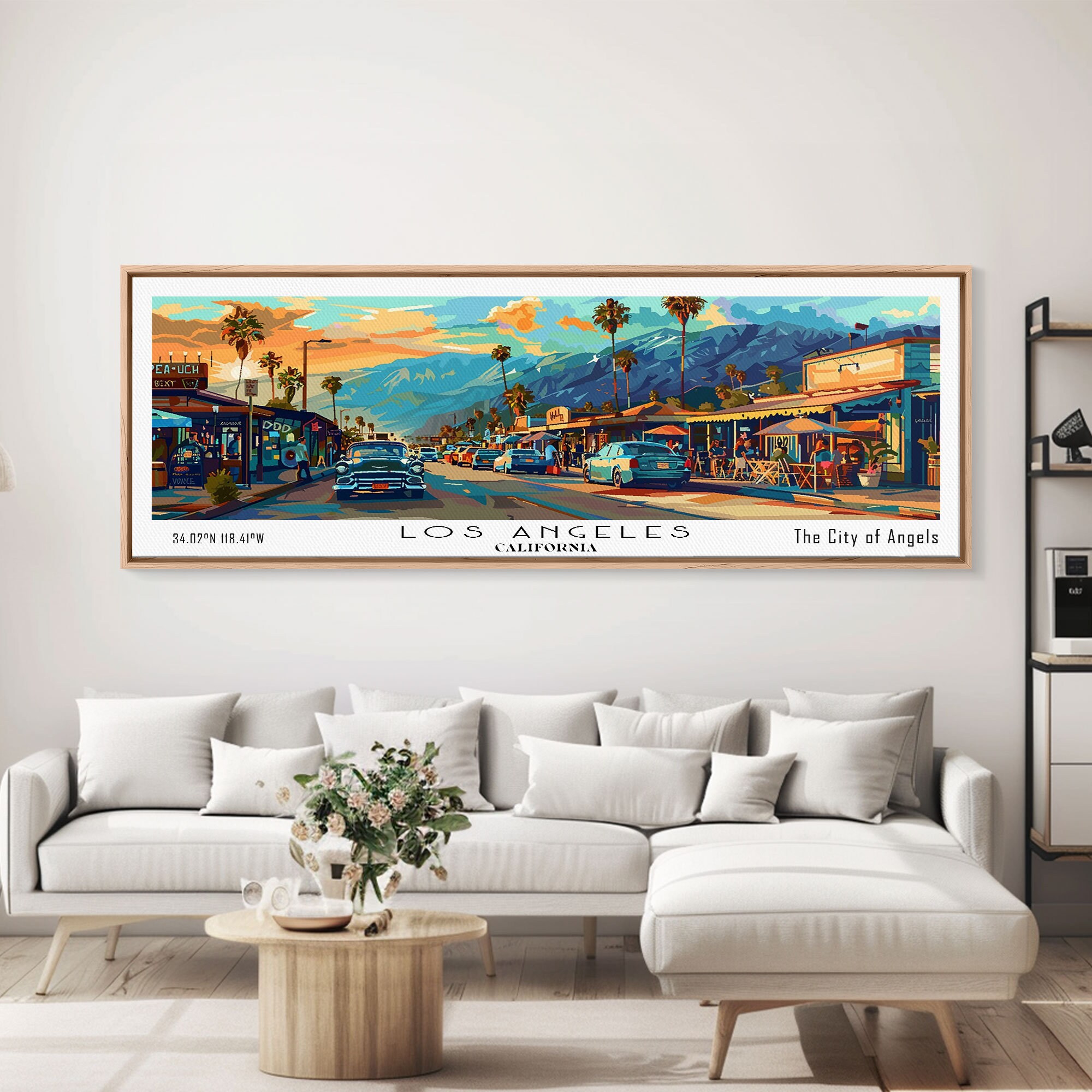 ✝️From old American canvas✝️ Los Angeles California Panoramic Framed Canvas Print, Mid