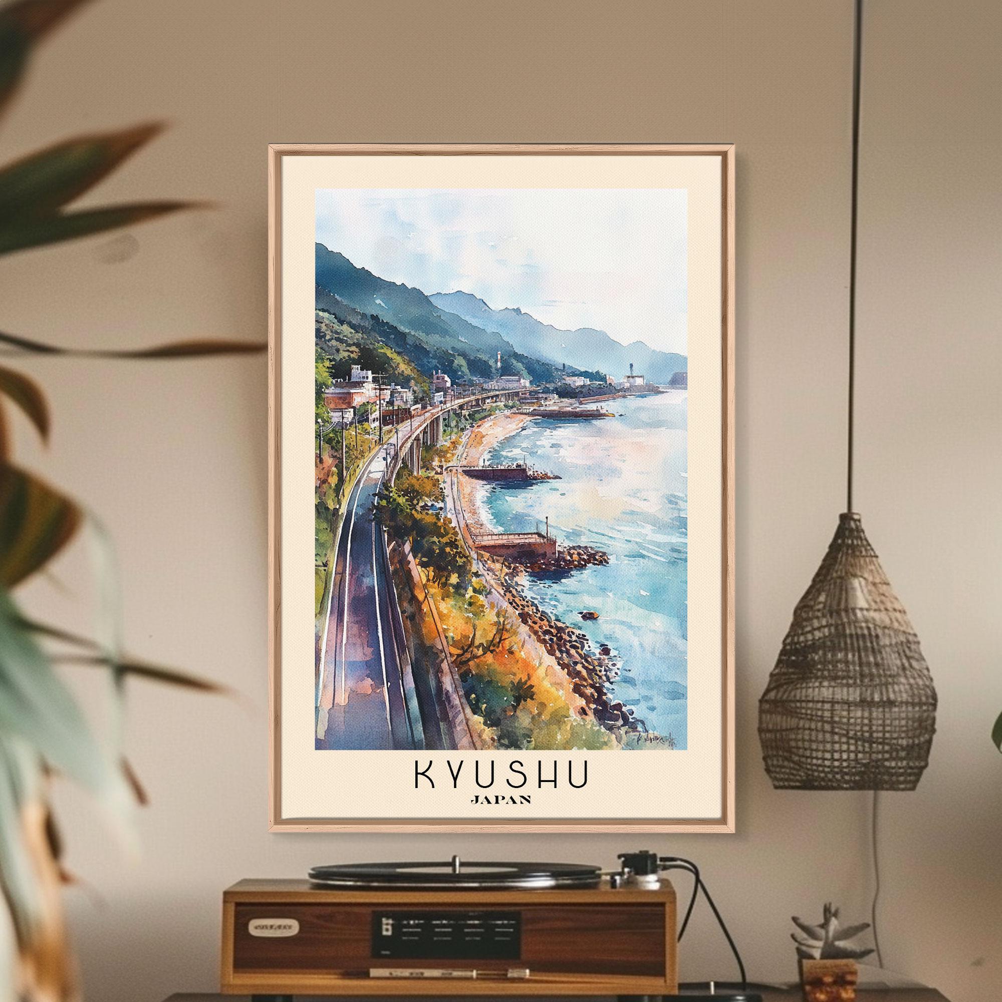 Kyushu, Japan Watercolor Beach Print, Vacation Gift, Japan Wall Art, Framed Canvas Print, Framed Beach Painting
