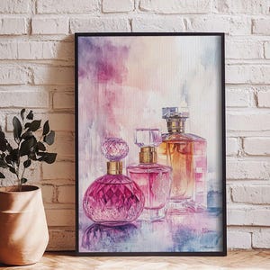 Elegant Perfume Bottles Framed Canvas Print Featuring Light Pink Wall Art Vintage Aesthetic Farmhouse Art Living Room Decor Idea