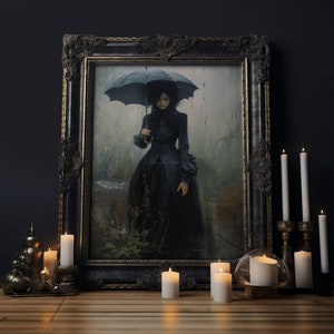 Victorian Witch In The Rain, Halloween Decor, Framed Canvas Print, Halloween Poster Art, Victorian Oil Painting, Goth Decor