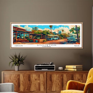 Stockton California Panoramic Wall Art, Mid Century Modern Framed Canvas Print, Retro Pop Art Travel Poster, Office Wall Art