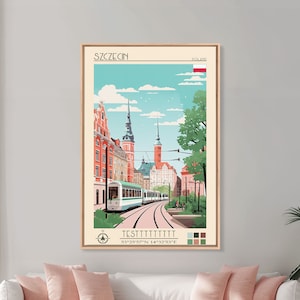Szczecin Poland Travel Poster Framed Canvas Print, Midcentury Modern Art, Pop Art Wall Decor, Living Room Art, Scenic Wall Art