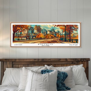 Buffalo New York Panoramic Painting Framed Canvas Print, Mid Century Modern Art, Pop Art Style, Travel Poster, Living Room Decor