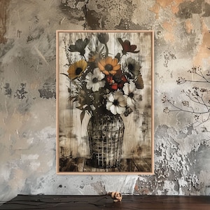 Rustic vase with colorful flowers against a distressed wooden background Framed Canvas Print - floral art, farmhouse decor, rustic wall art