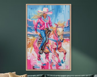 Cowgirl and Horse Canvas Print: Colorful Western Wall Art