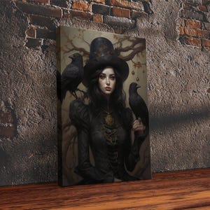 Witch and Ravens Framed Canvas: Gothic Halloween Art image 17