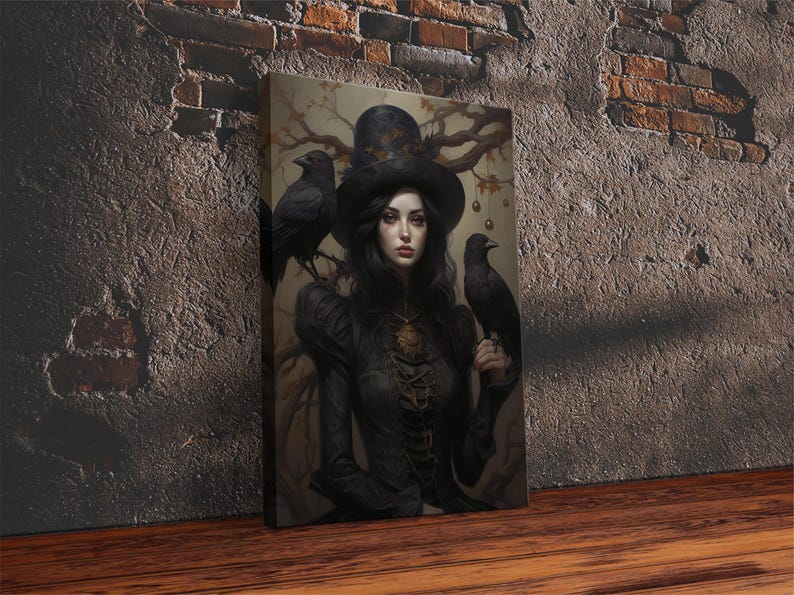 Witch and Ravens Framed Canvas: Gothic Halloween Art image 17