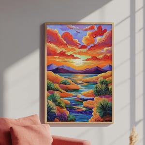 Sunset Desert, River, Color, Framed Canvas Print dreamy painted desert river sunset, colorful sky landscape artwork, nature boho art