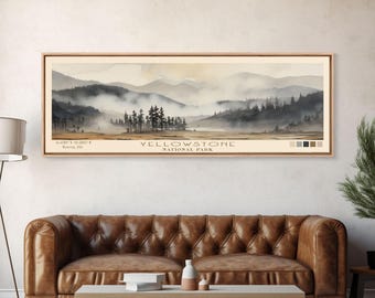 Yellowstone National Park Panoramic Art Print: Wyoming Watercolor Travel Poster
