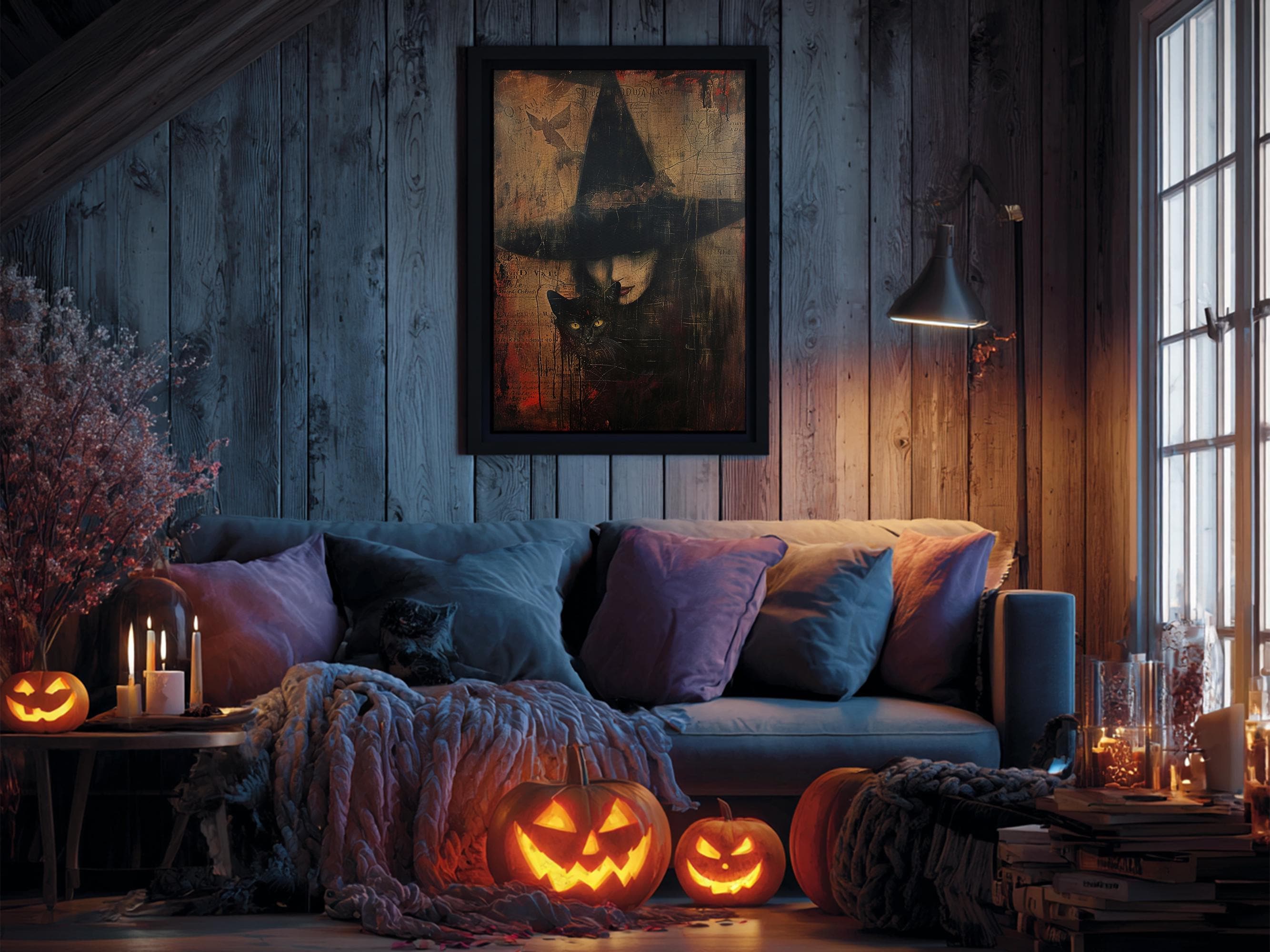 Witch and Black Cat Framed Canvas Print: Spooky Halloween Wall Art