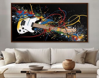 Guitar Graffiti Framed Canvas Print: Colorful Abstract Wall Art