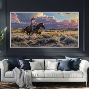 Cowgirl Galloping Across Desert Landscape, Vibrant Framed Canvas Print, Perfect for Living Room Art, Western Bedroom Decor, Desert Wall Art