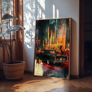 May include: An abstract art print featuring a black vintage car driving through a city at night. The artwork has a dark color palette with vibrant red and yellow highlights, and is displayed in a wooden frame.