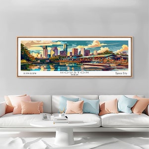 Houston Texas Panoramic Painting Framed Canvas Print, Mid Century Modern Art, Pop Art Style, Travel Poster, Wall Art Decor