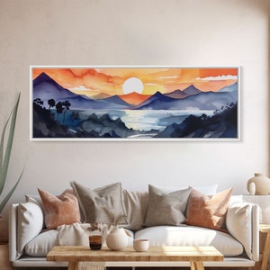 Midcentury Modern Watercolor Painting of a Mountain Sunset, Large Canvas Print, Mountain Artwork, Guest Room Art, Mountain Print, Panoramic