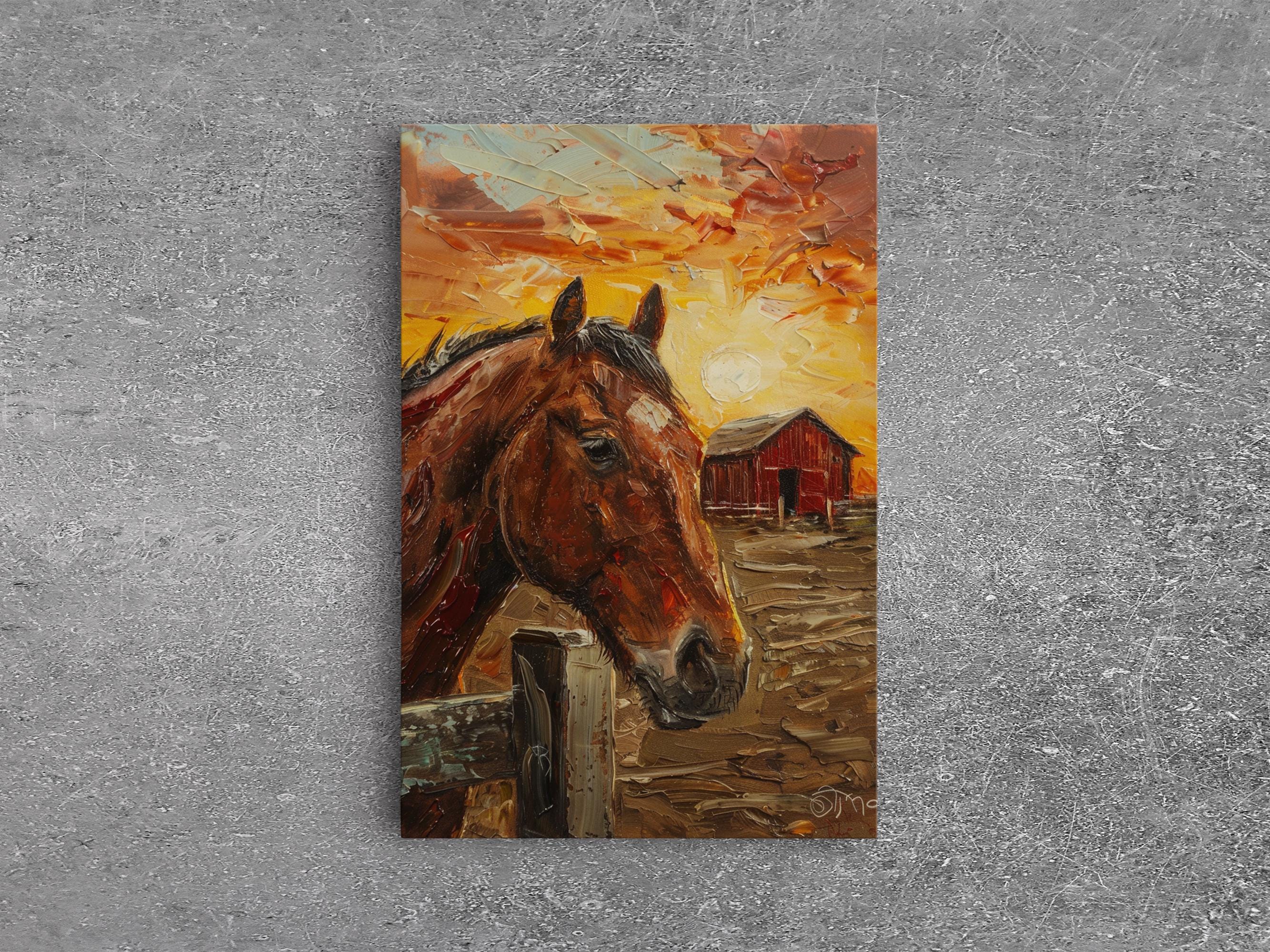 Horse and Red Barn Sunset Art: Rustic Farmhouse Framed Canvas