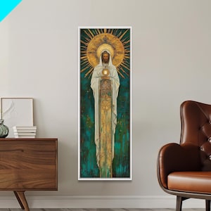 Art Deco Christian Canvas Print, Eucharistic Adoration Scene, Light Oak Frame afbeelding 15