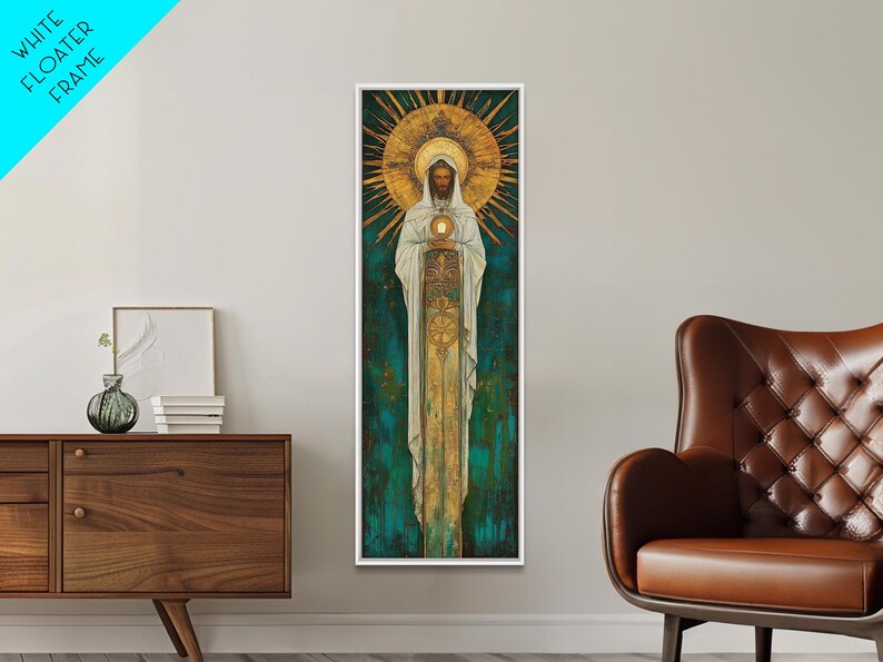 Art Deco Christian Canvas Print, Eucharistic Adoration Scene, Light Oak Frame afbeelding 15